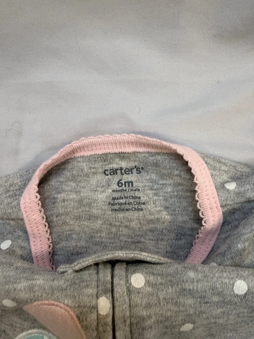 Carter's Grey Polka Dot Unicorn Footed One-Piece Sleeper/Rompwr with Pink Trim - Picture 2 of 3